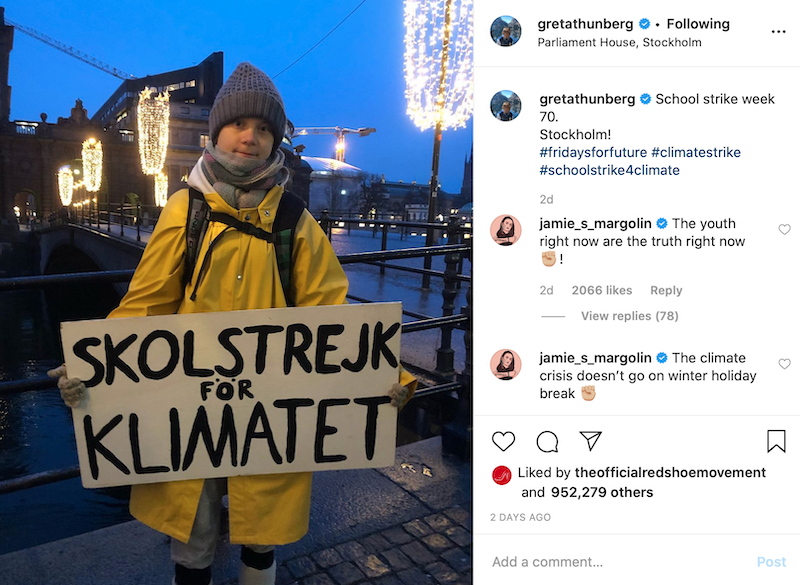 Greta Thunberg striking for climate change- Post from her Instagram account