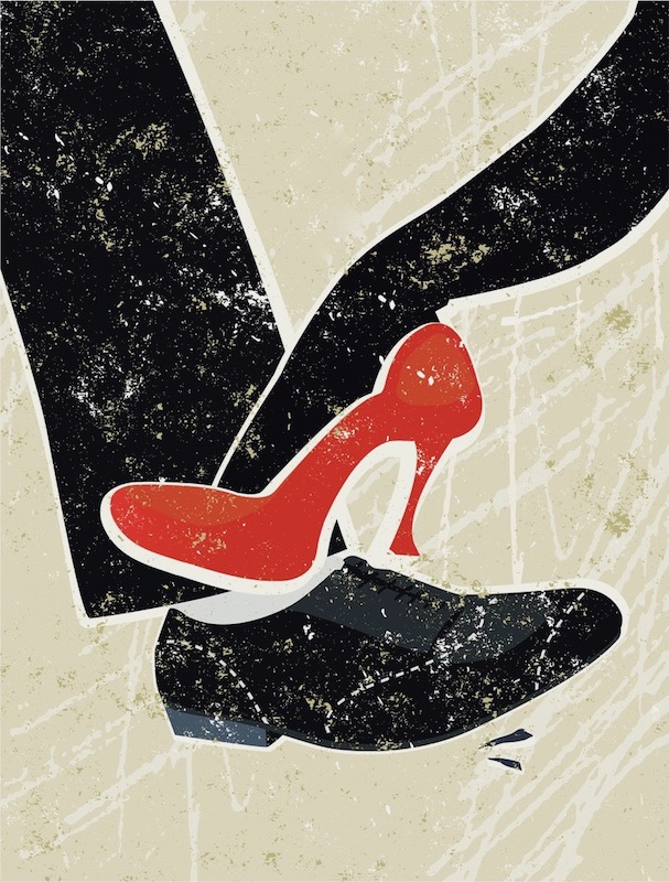 A perfect example of unconscious bias in action. What do you see when you see this pic? Here's the description used by iStockphoto where both the publisher of the article discussed here and the Red Shoe Movement purchased it: A stylized vector cartoon of a Man and woman's feet playing footsie, the style is reminiscent of an old screen print poster. Suggesting Romance, flirtation, love, attraction, seduction or temptation.